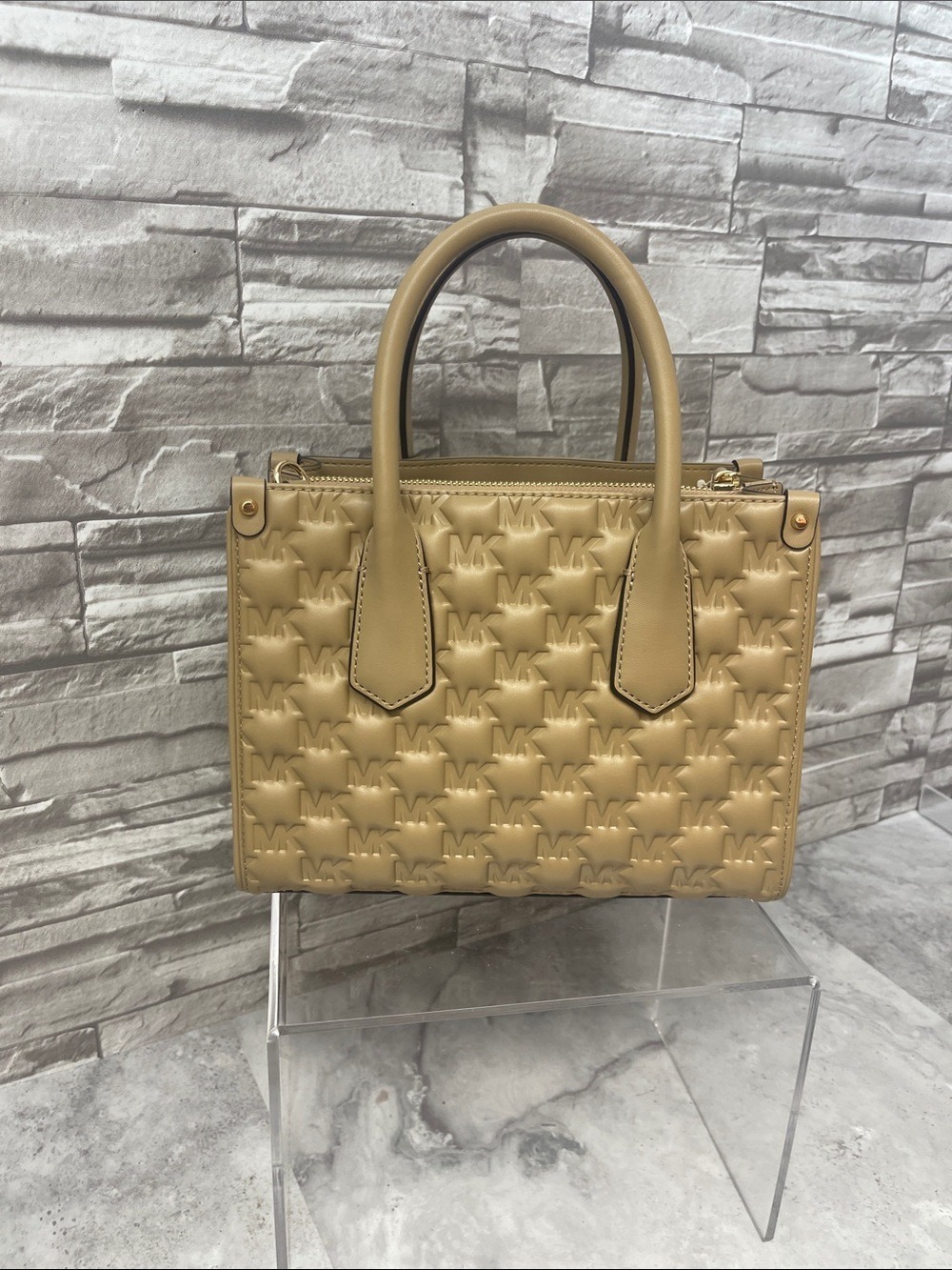 Michael Kors Maple Embossed Puffy Logo Small Satchel & Matching Wallet Camel Tan - Picture 4 of 14